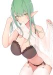  1girl bangs bare_shoulders blush breasts cleavage closed_mouth collarbone cowboy_shot crossed_bangs elf eyebrows_visible_through_hair garter_belt garter_straps grain green_eyes green_hair hair_between_eyes hands_up highres holding large_breasts long_hair looking_at_viewer midriff mouth_hold nail_polish navel original pointy_ears simple_background sleeveless solo thighhighs white_background white_legwear 
