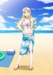  1girl barefoot_sandals beach bikini blush breasts cleavage cloud cooler drill_hair drill_locks hand_on_hip highres innertube marguerite_pistail medium_breasts midriff miyagi_yuki navel ocean open_mouth quad_drills sky solo super_robot_wars super_robot_wars_z2 swimsuit white_bikini 