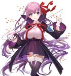  1girl bb_(fate) bb_(fate)_(all) black_coat black_legwear black_skirt bow bowtie coat fate/extra fate/extra_ccc fate/grand_order fate_(series) gloves hair_bow holding holding_wand long_hair looking_at_viewer panties petals popped_collar purple_eyes purple_hair red_bow rizu033 skirt smile solo thighhighs underwear wand white_background white_gloves white_panties 