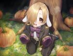  1girl animal_ears applepie_(12711019) bags_under_eyes blonde_hair bunny_ears commentary_request ear_piercing hair_over_one_eye highres idolmaster idolmaster_cinderella_girls idolmaster_cinderella_girls_starlight_stage open_mouth piercing pocket_watch pumpkin purple_ribbon ribbon shirasaka_koume sleeves_past_fingers sleeves_past_wrists solo tree watch yellow_eyes 