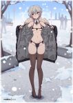  1girl :o anastasia_(idolmaster) ass_visible_through_thighs averting_eyes bikini black_bikini black_coat black_shoes blue_eyes blush breasts breasts_apart brown_thighhighs coat commentary detached_collar english_commentary flashing front-tie_bikini_top front-tie_top full_body fur-trimmed_hood fur_trim grey_hair groin high_heels hood hooded_coat idolmaster idolmaster_cinderella_girls long_legs medium_breasts micro_bikini navel outdoors padded_coat pantyhose people public_indecency pumps shoes short_hair side-tie_bikini_bottom skindentation snow snowing solo_focus swimsuit thighhighs virus-g 