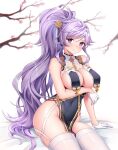  1girl azur_lane banglinh1997 blush breast_curtains breasts commission dress fire_emblem fire_emblem:_genealogy_of_the_holy_war fire_emblem_heroes flower garter_straps gloves hair_flower hair_ornament half_gloves highres ishtar_(fire_emblem) large_breasts long_hair looking_at_viewer official_alternate_costume ponytail purple_eyes purple_hair rose simple_background sirius_(azur_lane) sirius_(azure_horizons)_(azur_lane) sitting solo thighhighs tree_branch white_gloves white_legwear yellow_flower yellow_rose 