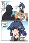  2koma ambiguous_gender animal_humanoid arknights blush bodily_fluids cat_humanoid clothed clothing comic crying dark_blue_hair doctor_(arknights) duo english_text felid felid_humanoid feline feline_humanoid female frown gesture green_eyes hair hi_res hood human humanoid jacket jessica_(arknights) konami male mammal mammal_humanoid meme not_furry open_mouth pointing ponytail princess_hinghoi tears text topwear uno video_games yu-gi-oh 