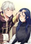  1boy 1girl ameno_(a_meno0) blue_eyes blue_hair brown_eyes fire_emblem fire_emblem_awakening hand_on_another&#039;s_head heavy_breathing light_blush long_hair lucina_(fire_emblem) on_bed robin_(fire_emblem) robin_(fire_emblem)_(male) short_hair sweat symbol-shaped_pupils towel white_hair 