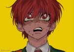  1girl angry artist_name bangs baru_(bar_0405) collared_shirt commentary_request danganronpa_(series) danganronpa_2:_goodbye_despair face freckles highres koizumi_mahiru looking_at_viewer open_mouth red_eyes red_hair shirt short_hair simple_background solo sweat upper_teeth white_shirt yellow_background 