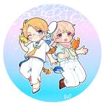  2boys ahoge america_(hetalia) axis_powers_hetalia bandana blonde_hair blue-framed_eyewear blue_background blue_eyes blue_shirt blush_stickers boots border brown_boots bubble chibi chibi_only closed_mouth commentary_request dkdmis fish full_body glasses gradient_background hand_up hat holding looking_at_another male_focus mini_hat multiple_boys necktie one_eye_closed open_mouth pants pink_bandana purple_background purple_eyes russia_(hetalia) sailor_collar sailor_hat sailor_shirt semi-rimless_eyewear shirt shoes short_hair short_sleeves smile suspenders two-tone_background white_border white_hat white_pants white_shirt white_shoes yellow_necktie 