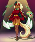 anthro armband beret big_breasts blonde_hair bottomwear breasts brush bucky_o&#039;hare_(series) canvas cape clothed clothing crovirus crown domestic_cat dress felid feline felis female floating_object footwear gem genitals green_eyes hair hat headgear headwear hi_res high_heels legwear looking_at_viewer magic_glow mammal mona_(bucky_o&#039;hare) nipple_outline paintbrush painter pencil pussy raised_bottomwear raised_clothing raised_skirt red_clothing red_dress sex_toy shoes skirt smile solo spotlight stockings tiara vibrator