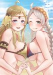  2girls absurdres ahoge alternate_costume bare_shoulders beach blonde_hair blue_eyes blush braid circlet cloud cloudy_sky commission commissioner_upload fire_emblem fire_emblem_fates fire_emblem_heroes grey_eyes hairband highres holding_hands multiple_girls nina_(fire_emblem) ophelia_(fire_emblem) skeb_commission sky srn_ana swimsuit upper_body white_hair 