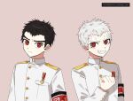  2boys 3tn_63 armband bangs clenched_hand closed_mouth commentary_request danganronpa:_trigger_happy_havoc danganronpa_(series) dual_persona epaulettes fang frown gakuran grey_hair hand_up ishida_(danganronpa) ishimaru_kiyotaka jacket long_sleeves looking_at_viewer male_focus military military_uniform multiple_boys pink_background red_eyes school_uniform short_hair smile spoilers teeth translation_request uniform upper_body white_jacket 