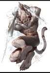 accessory angry anthro attack bared_fangs bared_teeth barefoot belt black_bars braided_hair claws digit_ring feet felid feline final_fantasy final_fantasy_xiv foot_focus fur furgonomics glowing_sword grey_body grey_fur hair hi_res hrothgar humanoid jewelry kredri letterbox male mammal melee_weapon ring shirtless solo square_enix sword tail tail_accessory tail_jewelry tail_ring toe_claws toe_ring toes weapon white_hair