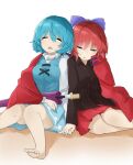  2girls barefoot black_shirt blue_hair blue_skirt blue_vest bow cape closed_eyes eyebrows_visible_through_hair hair_bow holding_hands knees_together_feet_apart long_sleeves multiple_girls open_mouth red_cape red_hair red_skirt sekibanki shared_cape shared_clothes shirt short_hair side-by-side simple_background sitting skirt sleeping tatara_kogasa touhou tyouseki umbrella vest white_background yokozuwari 