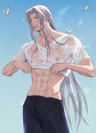  1boy abs aqua_eyes black_pants blue_background bug butterfly clothes_lift commentary cowboy_shot english_commentary final_fantasy final_fantasy_vii grey_hair highres jeriafterdark long_bangs long_hair male_focus muscular muscular_male navel pants parted_bangs parted_lips sephiroth shirt shirt_lift solo sunlight t-shirt twitter_username wet wet_clothes wet_shirt white_shirt yellow_butterfly 