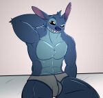  2021 alien anthro anthrofied arm_tuft black_eyes blue_body blue_fur blue_nose briefs bulge chest_tuft clothing digital_drawing_(artwork) digital_media_(artwork) disney dudeanyone elbow_tufts experiment_(lilo_and_stitch) eyebrows fur hand_behind_head head_tuft hi_res lilo_and_stitch looking_at_viewer male muscular muscular_anthro muscular_male notched_ear pecs raised_eyebrow sitting small_tail solo stitch_(lilo_and_stitch) thick_thighs tighty_whities tuft underwear white_clothing white_underwear 