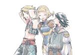  armor arms_behind_head black_hair black_pants blonde_hair blue_leotard blunt_bangs braid closed_eyes cropped_vest final_fantasy final_fantasy_xii jewelry larsa_ferrinas_solidor leather_armor leotard long_sleeves looking_at_another low_twin_braids medium_hair michibata_65 midriff open_mouth pants pendant penelo puffy_long_sleeves puffy_sleeves shirt short_bangs short_hair shoulder_armor sidelocks smile swept_bangs twin_braids upper_body vaan_(ff12) vest white_shirt 
