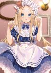  1girl abigail_williams_(fate) absurdres animal_ears apron bangs blonde_hair blue_dress blue_eyes blush bow breasts cat_ears cook_heart_(fate) dress fate/grand_order fate_(series) forehead hair_bow hane_yuki highres huge_filesize light_particles long_hair looking_at_viewer multiple_bows open_mouth parted_bangs paw_pose plate puffy_short_sleeves puffy_sleeves short_sleeves sidelocks small_breasts stuffed_animal stuffed_toy teddy_bear twintails 