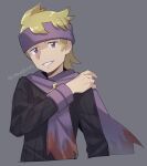  1boy artist_name black_sweater blonde_hair commentary_request grey_background gym_leader hand_on_own_shoulder hand_up looking_at_viewer male_focus momoji_(lobolobo2010) morty_(pokemon) pokemon pokemon_(game) pokemon_hgss purple_eyes purple_headband purple_scarf ribbed_sweater scarf simple_background sketch smile solo sweater upper_body 
