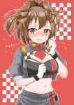  1girl alternate_costume bangs blush breasts brown_hair checkered cleavage cocoperino flower flying_sweatdrops gloves highres kantai_collection medium_breasts midriff navel nose_blush open_mouth ponytail race_queen red_flower red_neckwear red_rose rose sheffield_(kancolle) short_sleeves simple_background skirt solo two-tone_background white_gloves 