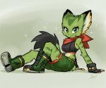 2025 absurd_res anthro arm_support boots bottomwear breasts carol_tea clothed clothing crop_top eyelashes felid feline felis female fingerless_gloves footwear freedom_planet fur galaxytrail gloves green_body green_eyes green_fur handwear hi_res jamoart kerchief mammal midriff navel neckerchief neckwear scarf shirt shoes shorts sitting solo sparkles striped_body striped_fur stripes topwear wildcat