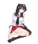  1girl absurdres anchor_symbol bare_shoulders black_hair black_sailor_collar breasts gloves hair_between_eyes highres kabe_(inunufuwafuwa) kantai_collection large_breasts long_hair miniskirt parted_lips pleated_skirt red_eyes red_skirt sailor_collar sidelocks simple_background single_bare_foot single_thighhigh sitting skirt sleeveless solo thighhighs white_background white_gloves yahagi_(kancolle) 