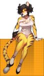  absurd_res anthro big_breasts black_hair blush breasts clothing dress felid feline female hair handbag hi_res jewelry mammal necklace pantherine pgm300 pigtails red_eyes signature simple_background smile solo tiger white_clothing white_dress 