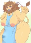  4_fingers anthro apron apron_only areola beauty_mark big_breasts big_bulge big_butt biped blue_eyes blush bodily_fluids breasts brown_hair bulge butt clothed clothing condom condom_in_mouth curvy_figure eyelashes felid fingers front_view fur genital_fluids glistening glistening_body glistening_breasts glistening_fur gradient_background green_background gynomorph hair hand_on_breast hi_res holding_condom holding_object huge_breasts intersex kemono kitchen_utensils ladle lion looking_at_viewer mammal mane mane_hair monotone_body monotone_fur monotone_hair mostly_nude mouth_hold nipples overweight overweight_anthro overweight_gynomorph overweight_intersex pantherine partially_clothed pawpads pink_areola pink_nipples pink_pawpads portrait precum precum_through_clothing sexual_barrier_device simple_background smile solo standing tail_tuft tenting thick_thighs three-quarter_portrait three-quarter_view tools tuft varnish_(artist) voluptuous wet wet_clothing white_background wide_hips yellow_body yellow_fur 