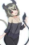  1girl alternate_costume animal_ear_fluff animal_ears arm_at_side bangs blouse brown_eyes casual contemporary degu_(kemono_friends) eyebrows_visible_through_hair green_hair hand_up head_tilt highres jewelry kemono_friends long_sleeves looking_at_viewer medium_hair morimasakazu multicolored_hair open_mouth pants parted_bangs pendant smile solo tail 