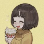  +++ 1girl bangs blush brown_hair closed_eyes commentary_request eating eyebrows_visible_through_hair food food_on_face holding holding_food ice_cream ice_cream_cone jun_(seojh1029) open_mouth original short_hair simple_background smile snot soft_serve solo sweater upper_body yellow_sweater 