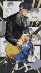  1boy 1girl :o :| awestruck black_hair black_suit blue_jacket blue_sandals blue_skirt blush closed_mouth clutching_chest commentary_request eating electric_guitar employee_uniform expressionless flashback full_body futsuu_no_keion-bu gibson_les_paul guitar guitar_case guitar_strap hand_on_own_chest hatono_chihiro highres instrument instrument_case jacket long_sleeves mizuo_haruichi multiple_views music neck_ribbon necktie official_alternate_costume phy_p9m playing_guitar playing_instrument red_ribbon ribbon sandals scene_reference school_uniform skirt slides socks sparkle standing suit tsurime twitter_username watermark white_socks 