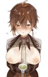  1girl ? areolae bangs black_gloves blush breasts brown_hair collared_shirt cup earrings eyebrows_visible_through_hair genderswap genderswap_(mtf) genshin_impact gloves hair_between_eyes holding holding_cup inverted_nipples jacket jewelry large_breasts long_hair long_sleeves necktie nipples open_clothes open_mouth open_shirt otsumami_(02mami) shirt simple_background single_earring solo speech_bubble steam sweat tassel tassel_earrings teacup tears white_background yellow_eyes zhongli_(genshin_impact) 