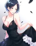  1girl bare_shoulders black_dress blue_hair breasts cleavage collarbone dress earrings eyebrows_visible_through_hair frilled_dress frills gradient gradient_background grey_background hayami_kanade hayanami highres idolmaster idolmaster_cinderella_girls jewelry looking_to_the_side medium_breasts petals short_hair skirt_hold solo spaghetti_strap yellow_eyes 