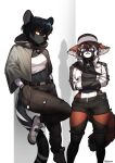  absurd_res ailurid amber_eyes anthro black_body black_fur black_hair bottomwear casual_clothing clothing crossed_arms duo female fur hair hands_in_pockets hi_res leaning_on_wall looking_at_viewer mammal mask midriff pants pgm300 pockets purple_eyes red_panda short_hair shorts signature simple_background torn_bottomwear torn_clothing torn_pants 