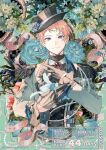  1boy beads black_gloves black_hat black_shirt blue_background blue_flower blue_rose buttons closed_mouth copyright_name copyright_notice countdown cross-laced_clothes dated double-breasted ensemble_stars! epaulettes floral_background floral_print flower flower_request fringe_trim gem gloves half_gloves hand_on_own_chest hand_up hat hat_flower head_tilt hino_tsukasa holding holding_petal itsuki_shu jacket lapels light_smile long_sleeves looking_at_viewer male_focus notched_lapels official_alternate_costume official_art parted_bangs petals pink_flower pink_hair pink_ribbon print_jacket purple_eyes red_gemstone ribbon rose shirt short_hair solo tilted_headwear upper_body water_lily_flower white_flower white_jacket 