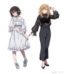  2025 2girls black_hair black_pants blonde_hair blush buttons double-breasted dress grin high-waist_pants high_heels highres koishikawa_iko long_dress long_sleeves looking_at_viewer momijiyama_teru multiple_girls pants red_eyes scar scar_across_eyebrow scar_on_face see-through_clothes see-through_shirt shirt short_hair shy_(series) simple_background smile takatisakana teeth white_background yellow_eyes 