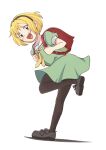  1girl :d aikawa_yako backpack bag black_headband black_legwear blonde_hair dress eyebrows_visible_through_hair green_dress headband highres higurashi_no_naku_koro_ni houjou_satoko open_mouth pantyhose puffy_short_sleeves puffy_sleeves purple_eyes red_bag sailor_collar sailor_dress shadow shoes short_sleeves smile solo visible_ears white_background yellow_neckwear 