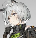  1girl ahoge animal_ear_fluff animal_ears armor black_gloves black_jacket cat_ears closed_mouth commentary eyebrows_visible_through_hair gloves grey_background grin hair_between_eyes highres jacket looking_at_viewer original portrait short_hair shoulder_armor shycocoa silver_eyes silver_hair simple_background smile solo strap symbol_commentary 