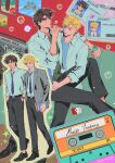  2boys aircraft airplane aqua_eyes aqua_shirt black_hair black_pants black_shoes blonde_hair blowing_bubbles blue_shirt book caesar_anthonio_zeppeli cassette_tape cigarette coca-cola collared_shirt dress_shoes facial_mark fighter_jet flower full_body green_eyes hair_between_eyes highres holding holding_book id_card jojo_no_kimyou_na_bouken joseph_joestar joseph_joestar_(young) male_focus military_vehicle multiple_boys multiple_views pants rkznfksthsus school_uniform shirt shirt_under_shirt shoes short_hair sitting sitting_on_lap sitting_on_person striped_clothes striped_shirt sunflower yaoi 