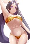  1girl abs arm_up armpits bikini breasts bright_pupils cleavage club fate/grand_order fate_(series) highres holding holding_weapon large_breasts long_hair looking_at_viewer minamoto_no_raikou_(fate) moipoppo_moi navel oni_costume open_mouth print_bikini purple_eyes signature simple_background solo spiked_club swimsuit very_long_hair weapon white_background 