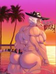 2025 2_horns 5_fingers anthro back_muscles big_muscles big_pecs black_stripes body_hair butt_hair chest_hair cr4zydonuts1 demon dialogue english_description english_text exclamation_point facial_hair fingers hair helluva_boss hi_res horn huge_muscles male muscular muscular_anthro muscular_arms muscular_male muscular_thighs mustache nude_anthro nude_male palm_tree partially_submerged pecs plant rear_view sharp_teeth smile solo spade_tail spiked_tail spikes spikes_(anatomy) striker_(helluva_boss) striped_horn stripes sunset tail teeth text toothpick tree white_hair