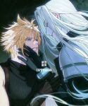  2boys armor bangle blonde_hair blue_eyes bracelet clenched_teeth cloud_strife commission final_fantasy final_fantasy_vii final_fantasy_vii_remake grey_hair hair_between_eyes hand_on_another&#039;s_chin highres holding_another&#039;s_wrist jewelry long_hair looking_at_another male_focus multiple_boys parted_lips pauldrons rexcassday sephiroth short_hair shoulder_armor sleeveless sleeveless_turtleneck smile spiked_hair suspenders sweatdrop teeth turtleneck upper_body yaoi 