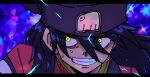  1girl amate_yuzuriha amate_yuzuriha_(cosplay) angry beanie black_hair black_hat clenched_teeth commentary_request constricted_pupils cosplay crazy crazy_eyes crazy_grin crazy_smile energy floating_hair gundam gundam_gquuuuuux hair_between_eyes hat highres long_hair looking_at_viewer mecha_pilot_suit newtype_flash normal_suit_(gundam) nyaan_(gundam_gquuuuuux) ogata_(mm_ogata_rkgk) pillarboxed pom_pom_(clothes) pom_pom_beanie reveal smile solo spoilers sweat teeth wide-eyed yellow_eyes 