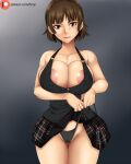  1girl areola_slip areolae artist_name braid breasts brown_hair cleavage large_breasts looking_at_viewer niijima_makoto panties patreon_username persona persona_5 red_eyes shiny shiny_skin simple_background skirt skirt_lift smile solo ttrop underwear 