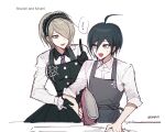  ! 16_(0xhsk16) 1boy 1girl :d ahoge alternate_costume apron bangs black_dress black_gloves black_hair blonde_hair brown_eyes character_name collared_shirt commentary danganronpa_(series) danganronpa_v3:_killing_harmony dress gloves green_eyes grey_apron hair_over_one_eye hand_up highres holding ironing looking_at_another looking_at_viewer musical_note musical_note_print necktie open_mouth pale_skin pinafore_dress saihara_shuuichi shirt short_hair simple_background smile sweatdrop toujou_kirumi twitter_username white_background white_shirt 