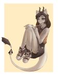  1girl animal_ear_fluff animal_ears animal_nose ankle_socks antlers argyle_clothes argyle_sweater_vest belt brown_eyes brown_hair brown_shoes brown_skirt brown_sweater_vest brown_tail buttons closed_mouth collared_shirt commentary eyebrows_hidden_by_hair full_body gfox40400 hand_on_own_knee highres horns knees_up long_hair long_sleeves looking_at_viewer miniskirt original ribbon shirt shoes sidelocks skirt sneakers snout socks solo sweater_vest symbol-only_commentary tag tail tail_ornament tail_ribbon thighs two-tone_tail white_fur white_shirt white_socks white_tail zipper_skirt 