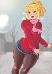  1girl absurdres blonde_hair blush breath cafin denim denim_shorts fate/grand_order fate_(series) green_eyes highres jacket mordred_(fate) mordred_(fate)_(all) open_mouth outdoors pantyhose ponytail shorts snow snowball snowing solo tsundere winter winter_clothes 