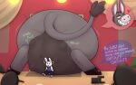  2021 anthro asinus clothed clothing denaturedalbumin digital_media_(artwork) donkey english_text equid equine fur furniture group lagomorph leporid macro male mammal micro multiple_prey oral_vore rabbit restaurant size_difference table text vore 