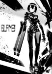  1girl android arm_cannon black_hair blame! breasts closed_mouth cyborg facial_mark full_body graviton_beam_emitter greyscale joints looking_at_viewer monochrome pale_skin revision robot_joints safeguard_(blame!) sanakan shinazo short_hair solo weapon 