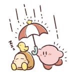  :&gt; =_= animal_on_head artist_request bird bird_on_head blush closed_eyes closed_mouth full_body holding holding_umbrella kirby kirby_(series) no_humans no_mouth official_art on_head rain second-party_source sitting sleeping smile standing standing_on_one_leg transparent_background twizzy umbrella waddle_dee yellow_bird zzz 