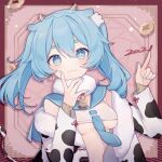  +_+ 1girl 2021 absurdres animal_ears animal_print bangs bell blue_eyes blue_hair blue_nails blue_neckwear blue_sailor_collar breasts chinese_zodiac commentary_request cow_ears cow_girl cow_horns cow_print cow_tail crop_top earrings eta eyebrows_behind_hair fur-trimmed_jacket fur_collar fur_trim hair_between_eyes highres horns huge_filesize jacket jewelry long_sleeves looking_at_viewer medium_breasts nail_polish necktie new_year off_shoulder open_clothes open_jacket original print_jacket sailor_collar shirt short_eyebrows sleeveless sleeveless_shirt sleeves_past_wrists solo tail thick_eyebrows twintails underboob upper_body white_jacket white_shirt year_of_the_ox 