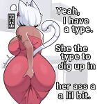 air_puff animal_humanoid arm_tattoo back_boob big_breasts big_butt breasts butt cat_humanoid clothing dress english_text felid felid_humanoid feline feline_humanoid female fur hair hi_res huge_butt humanoid igxxiii mammal mammal_humanoid meme patchwork_creature raised_tail scratching_butt scratching_self short_hair solo stitch_(sewing) surgical_staple tail tattoo text thick_thighs tight_clothing tight_dress white_body white_fur white_hair wide_hips yeah_i_have_a_type_(meme)