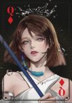  1girl bare_shoulders beads blue_eyes brown_hair detached_sleeves final_fantasy final_fantasy_x green_eyes hair_beads hair_between_eyes hair_ornament heterochromia holding holding_staff looking_at_viewer nontraditional_miko parted_lips queen_(playing_card) queen_of_diamonds s_sohwagi_s shirt short_hair solo staff swept_bangs upper_body water_drop white_shirt yuna_(ff10) 